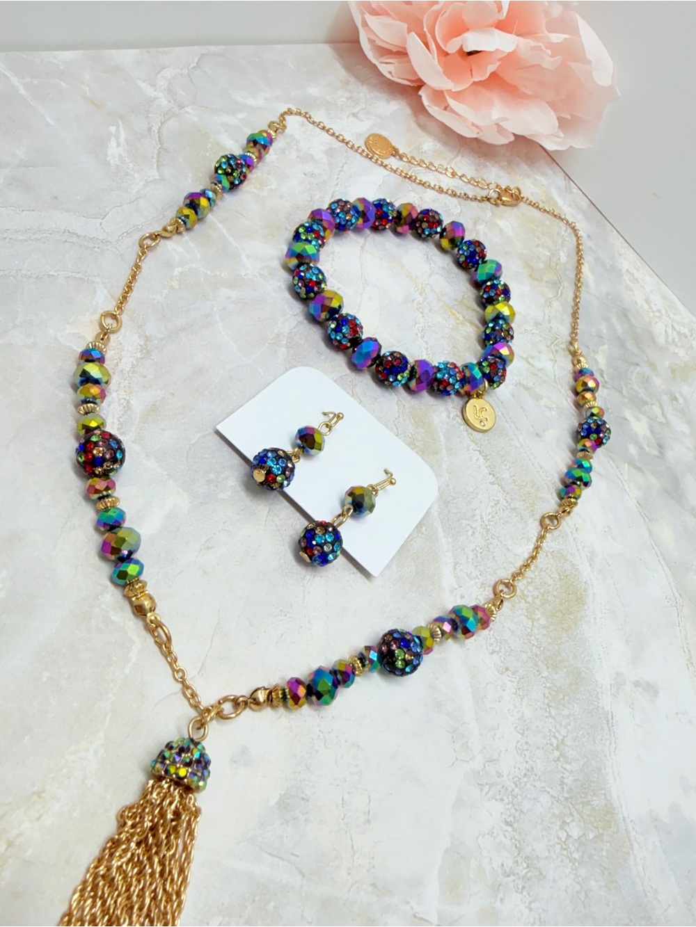 Liz Claiborne Multicolor Crystal Bead Jewelry Set - Necklace, Bracelet & Earring